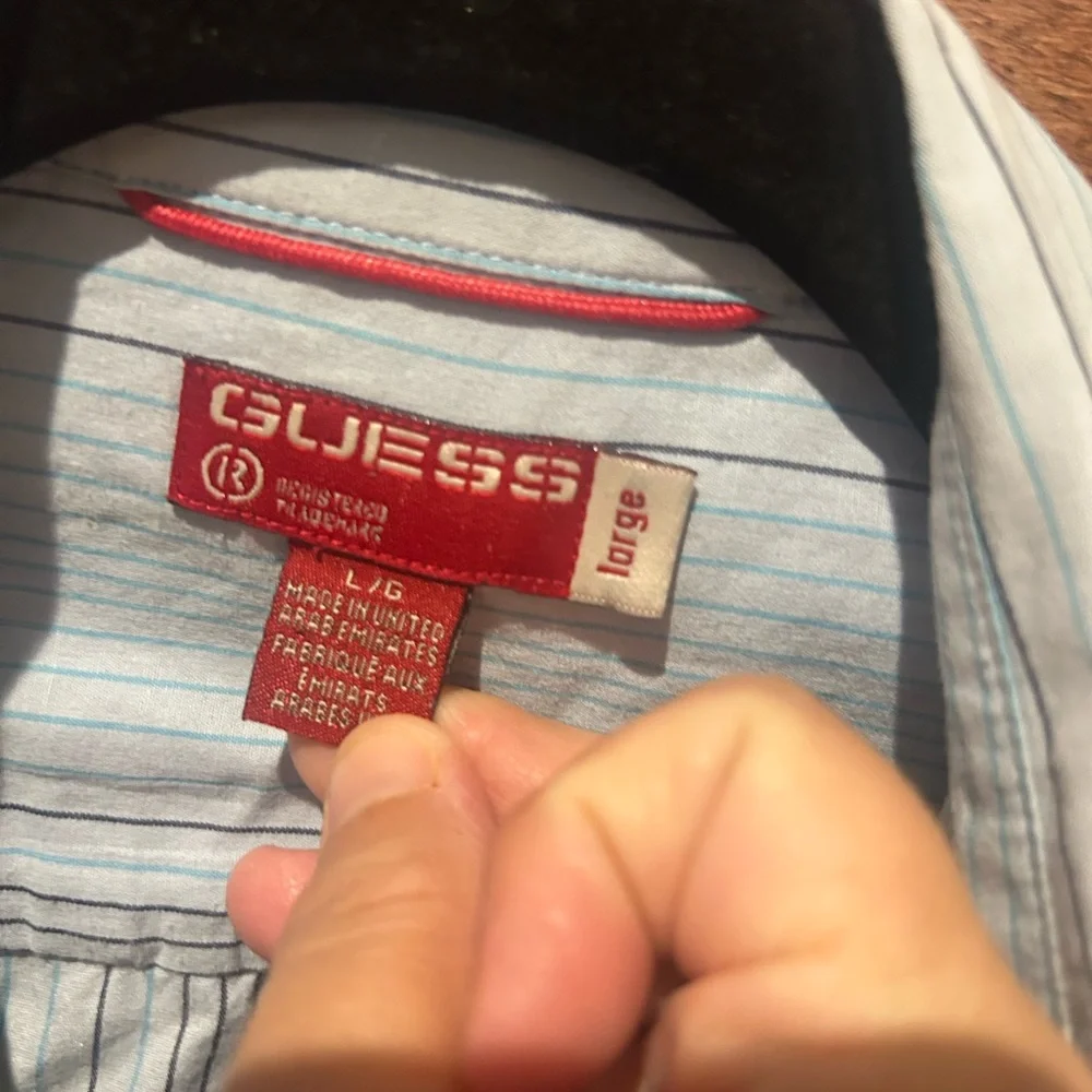 Guess Button Up Shirt Long Sleeve Mens L Blue Striped Embroidered - Picture 8 of 9